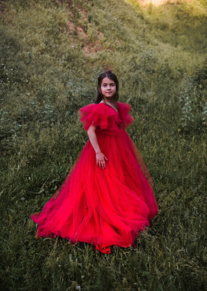 V Neck Red Pleated Tulle Corset Back Flower Girl Dress